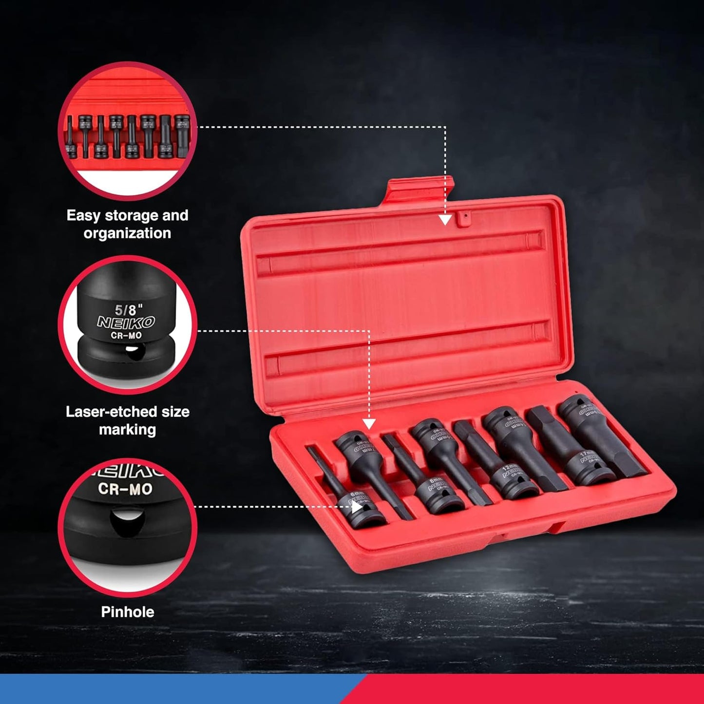 01136B 1/2” Drive Allen Bit Socket Set | 8 Piece | MM | 6Mm to 19Mm | 3” Length | Cr-Mo Impact Grade