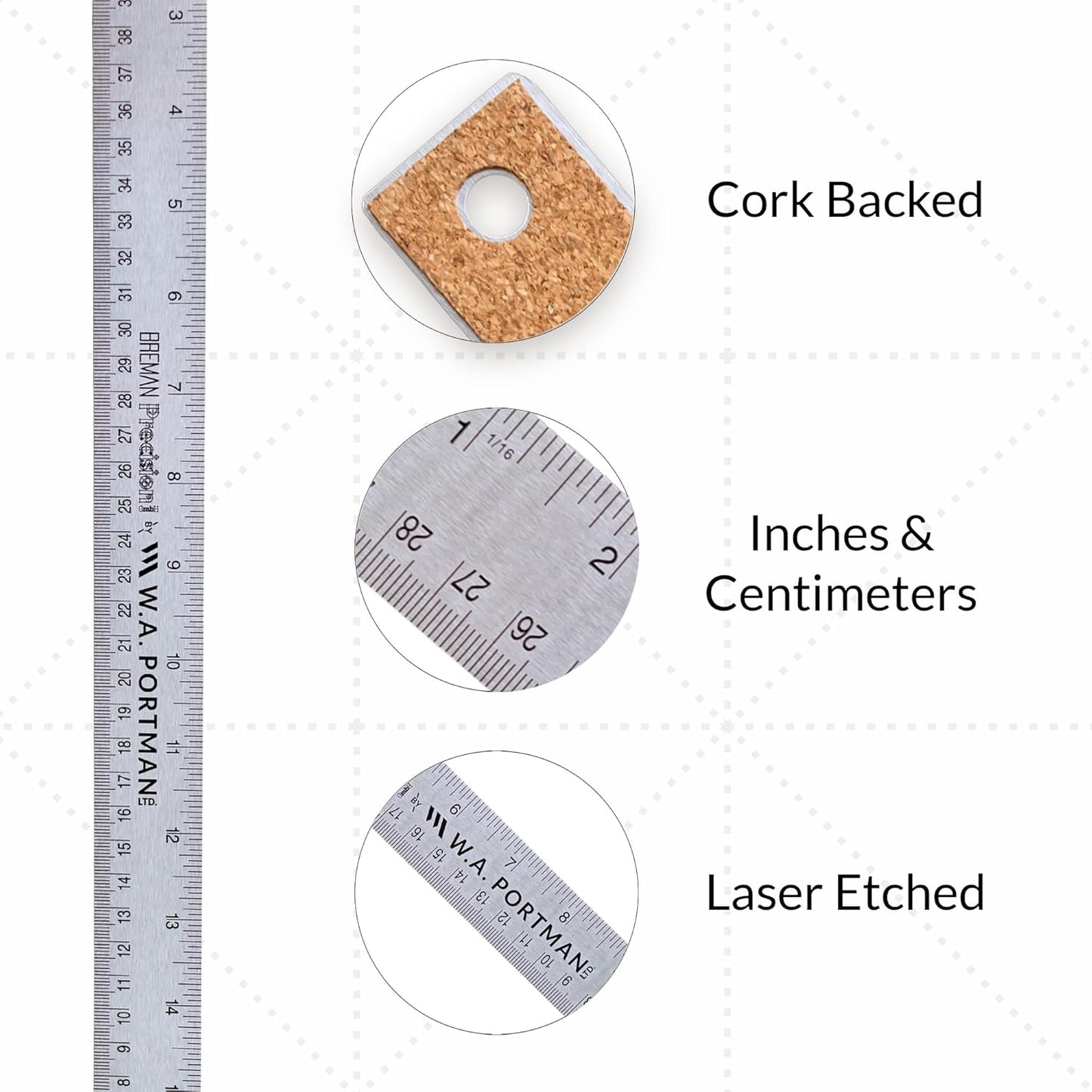 Metal Ruler 18 Inch - Stainless Steel Cork Back Metal Ruler - Premium Steel Straight Edge 18 Inch Metal Ruler - Flexible Stainless Steel Ruler - Imperial and Metric Ruler