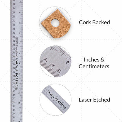Metal Ruler 18 Inch - Stainless Steel Cork Back Metal Ruler - Premium Steel Straight Edge 18 Inch Metal Ruler - Flexible Stainless Steel Ruler - Imperial and Metric Ruler