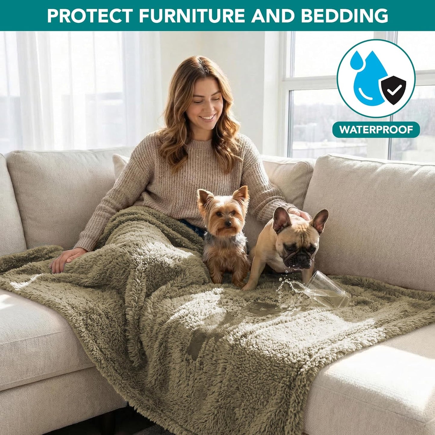 Fluffy Waterproof Dog Blanket Fleece | Soft Warm Pet Fleece Throw for Large Dogs and Cats | Fuzzy Plush Sherpa Throw Furniture Protector Sofa Couch Bed