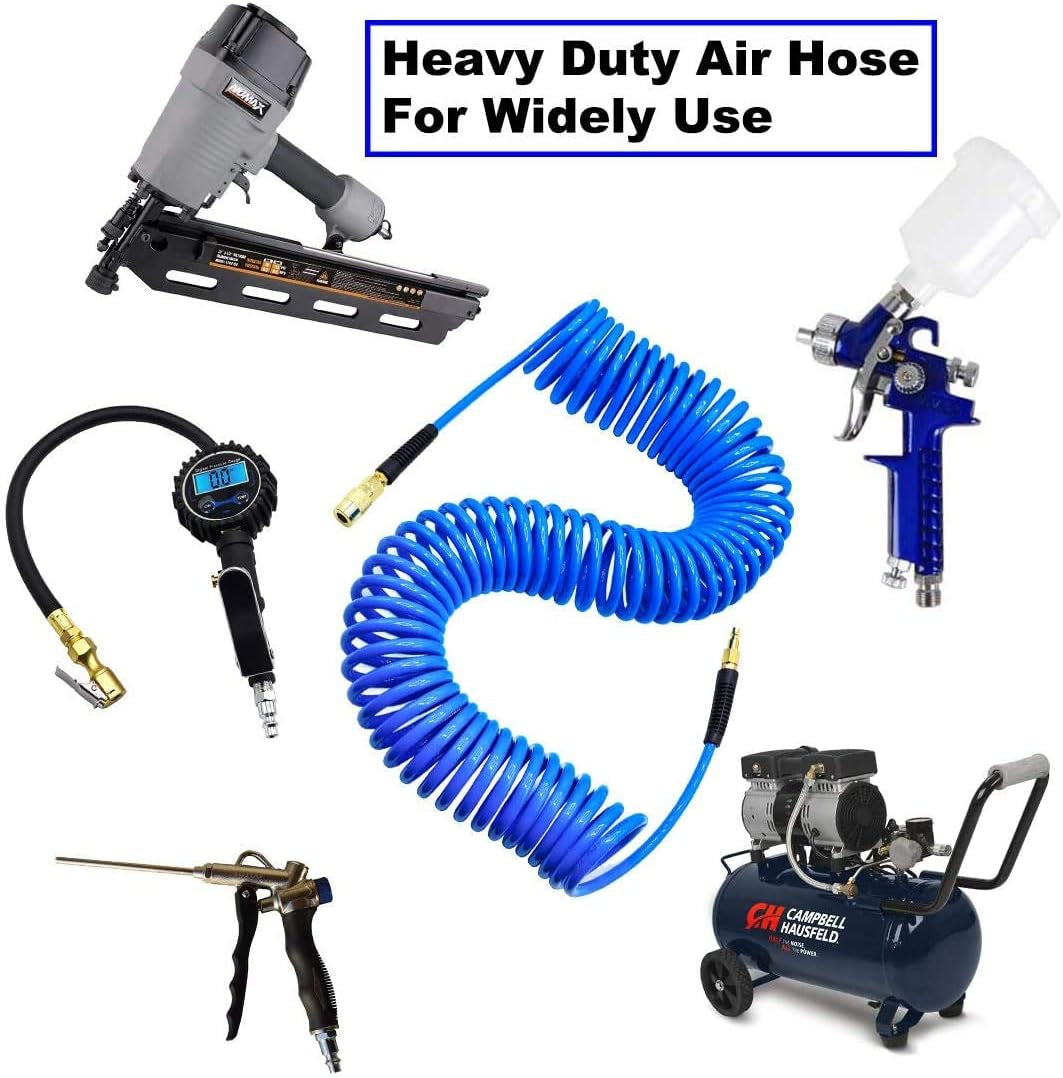 Polyurethane Recoil Air Hose 1/4" Inner Diameter by 25' Long with Bend Restrictor, 1/4" Industrial Quick Coupler and Plug, Blue