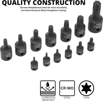 10281B Impact Torx Bit Socket Set 13 Piece 6 Point Star Sockets Heavy Duty Impact Grade Cr-Mo T10 to T60 High Impact ABS Blow Molded Storage Case