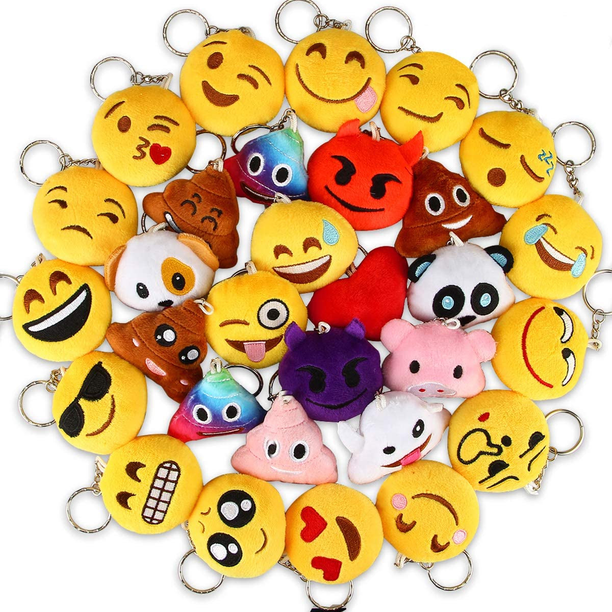 Emoticon Keychains, Mini Emoticon Plush Party Favors for Valentine' S Day Gifts Birthday Party Supplies, Carnival Prizes for Kids Treasure Box Bulk Toy Assortment 2" Set of 30