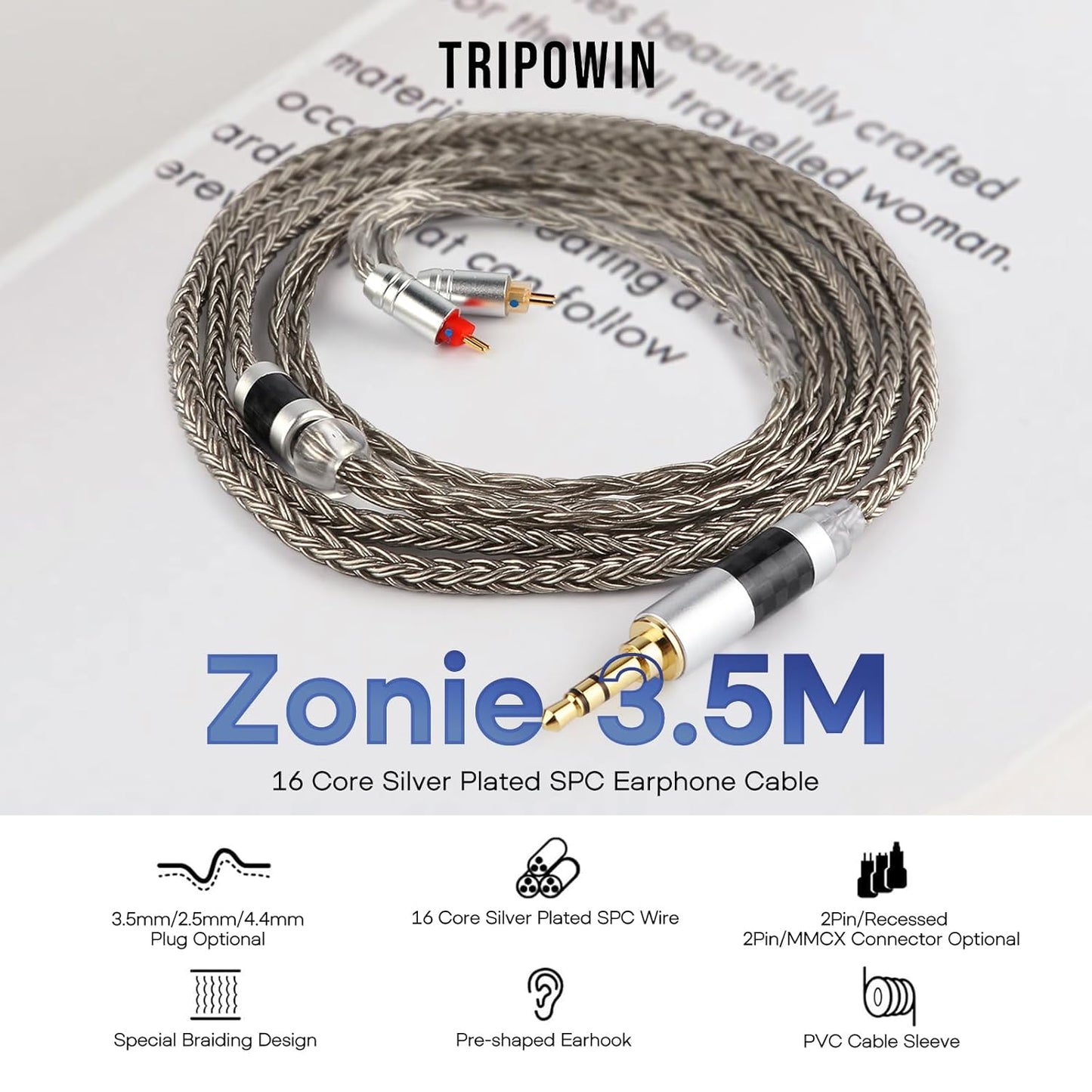 Tripowin Zonie 16 Core Silver Plated Cable SPC Earphone Cable for BL03 TRN V90 V80 AS10 ZS10 ZS6 ES4 ZST ZSR Iems (2Pin 0.78-3.5Mm, Grey)