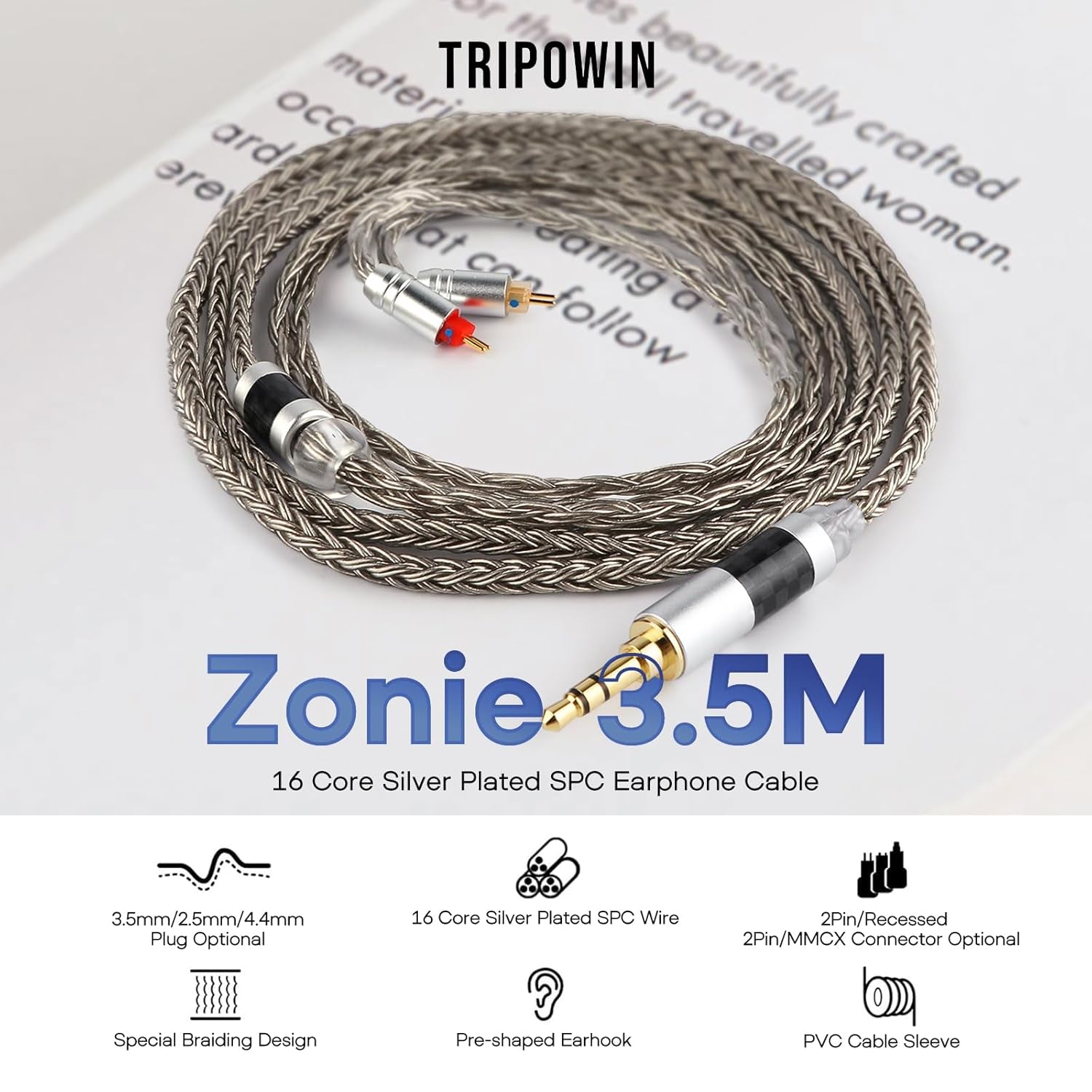 Tripowin Zonie 16 Core Silver Plated Cable SPC Earphone Cable for BL03 TRN V90 V80 AS10 ZS10 ZS6 ES4 ZST ZSR Iems (2Pin 0.78-3.5Mm, Grey)