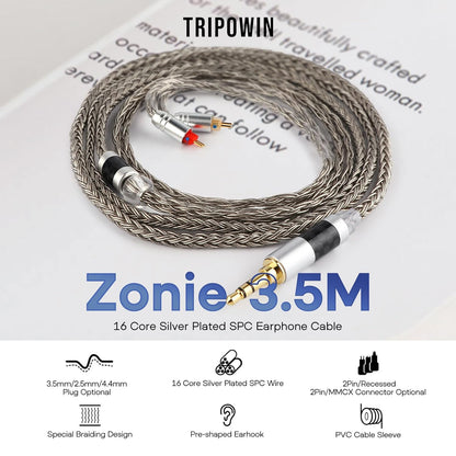 Tripowin Zonie 16 Core Silver Plated Cable SPC Earphone Cable for BL03 TRN V90 V80 AS10 ZS10 ZS6 ES4 ZST ZSR Iems (2Pin 0.78-3.5Mm, Grey)