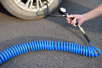 Polyurethane Recoil Air Hose 1/4" Inner Diameter by 25' Long with Bend Restrictor, 1/4" Industrial Quick Coupler and Plug, Blue
