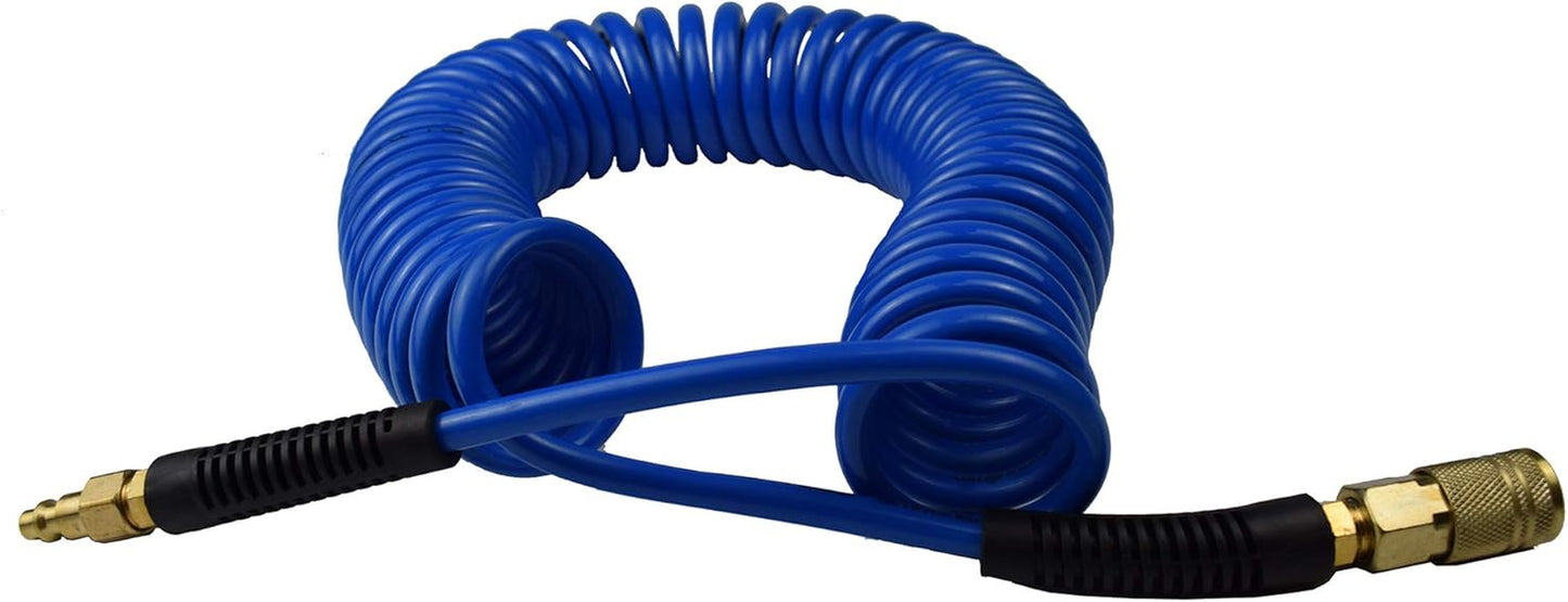 Polyurethane Recoil Air Hose 1/4" Inner Diameter by 25' Long with Bend Restrictor, 1/4" Industrial Quick Coupler and Plug, Blue