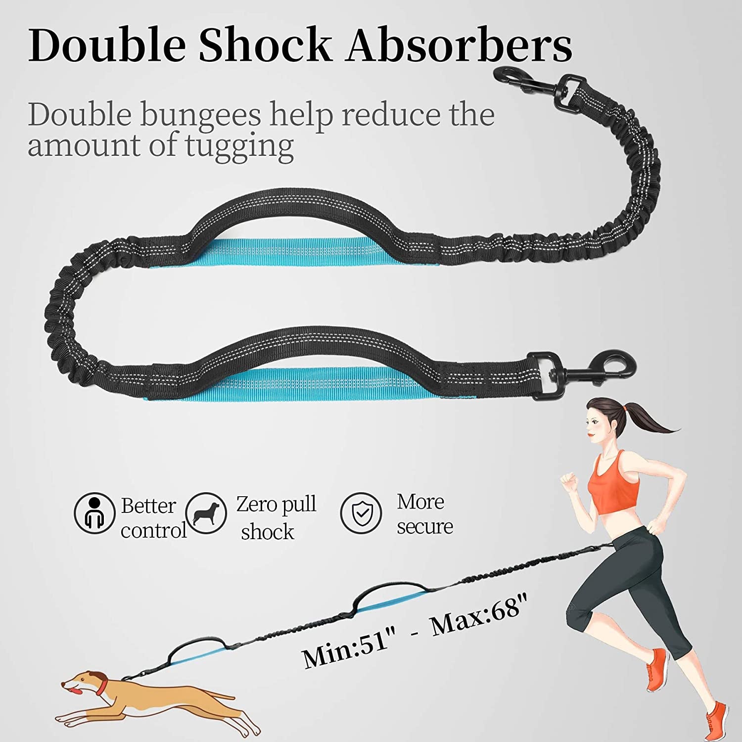 Hands Free Dog Leash with Zipper Pouch, Dual Padded Handles and Durable Bungee for Walking, Jogging and Running Your Dog, Medium (8-25 Lbs) | Large (25-150 Lbs)