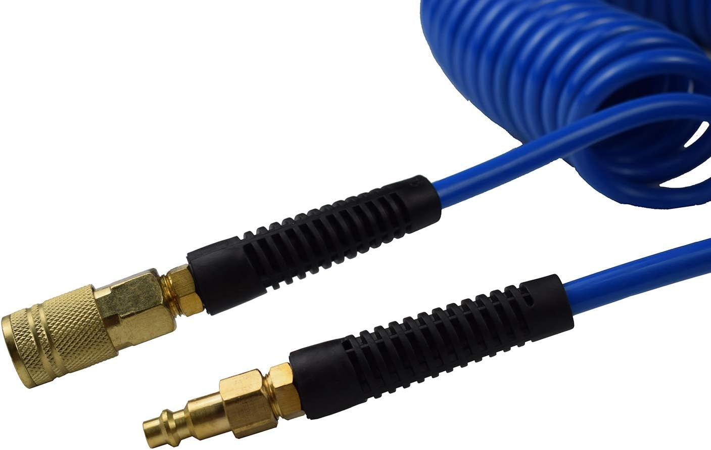 Polyurethane Recoil Air Hose 1/4" Inner Diameter by 25' Long with Bend Restrictor, 1/4" Industrial Quick Coupler and Plug, Blue