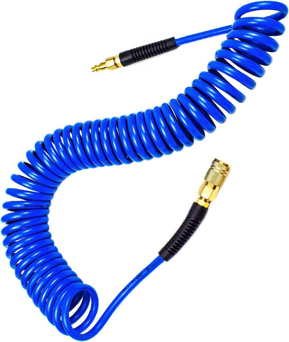 Polyurethane Recoil Air Hose 1/4" Inner Diameter by 25' Long with Bend Restrictor, 1/4" Industrial Quick Coupler and Plug, Blue