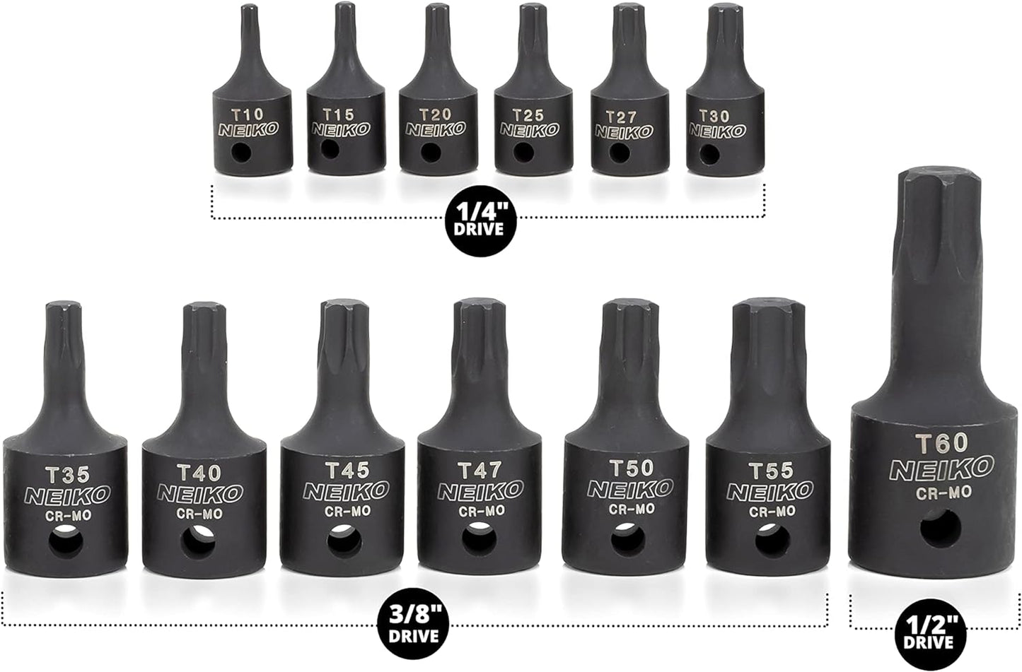 10281B Impact Torx Bit Socket Set 13 Piece 6 Point Star Sockets Heavy Duty Impact Grade Cr-Mo T10 to T60 High Impact ABS Blow Molded Storage Case